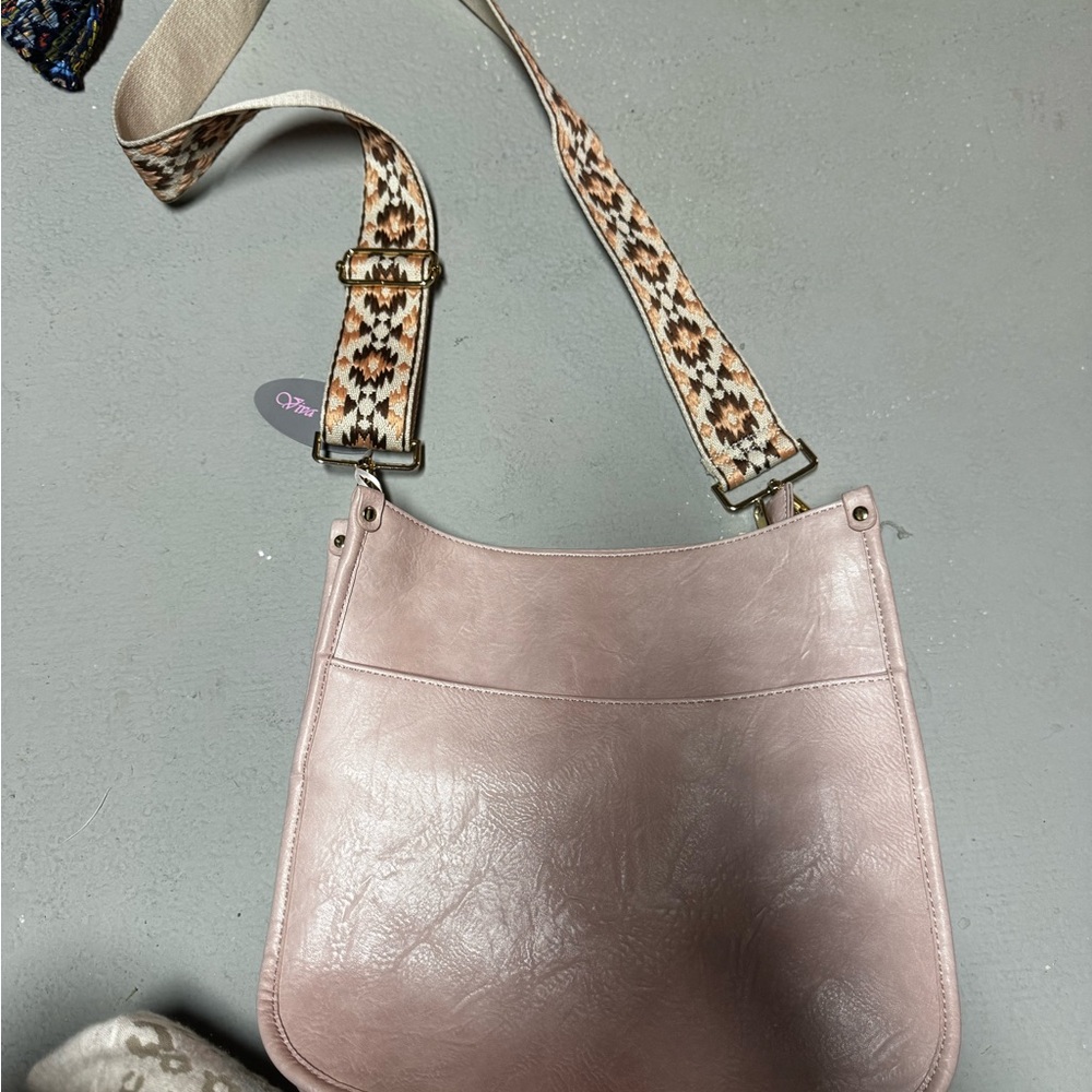 Elegant Blush Crossbody Bag with Patterned Strap